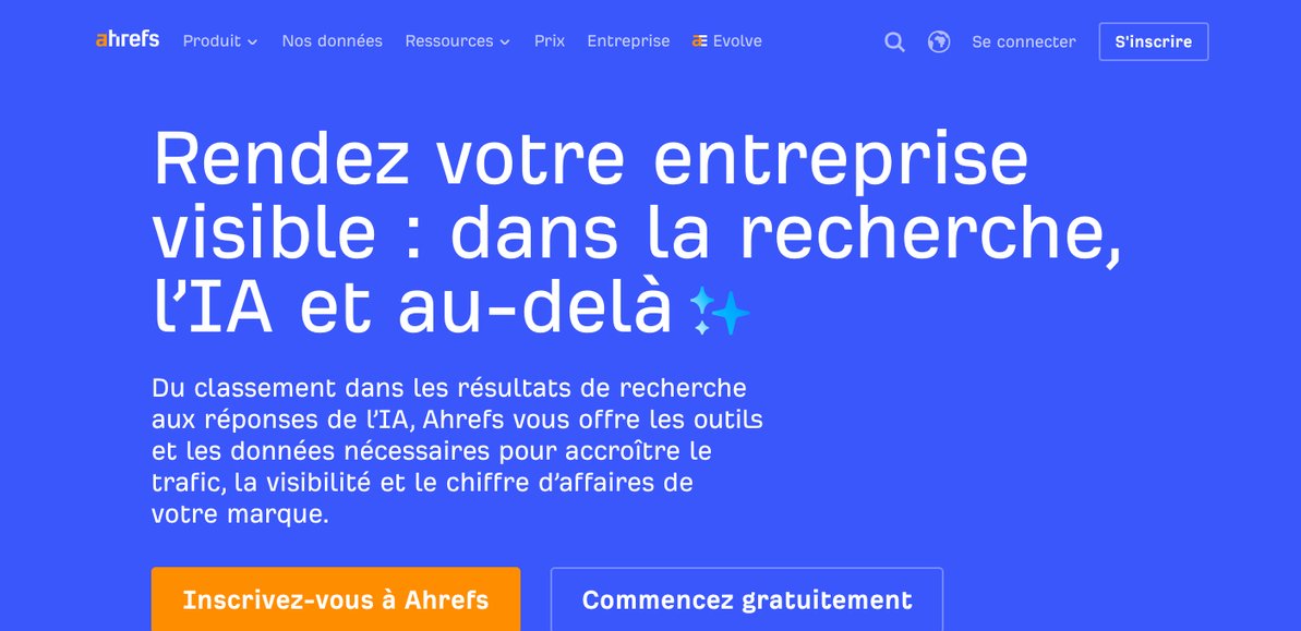 Page d'accueil d'Ahrefs, plateforme connue pour son index de liens et l'étude des concurrents