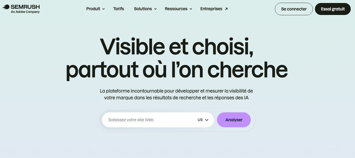 Page d'accueil de Semrush, plateforme de données sur les mots-clés, la concurrence et la visibilité dans les IA