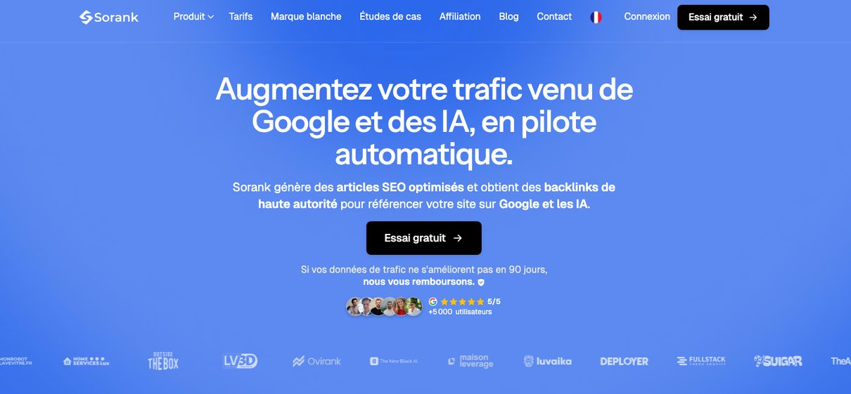 Page d'accueil de Sorank, logiciel SEO qui rédige et publie les articles d'un site B2B et suit sa présence dans les IA